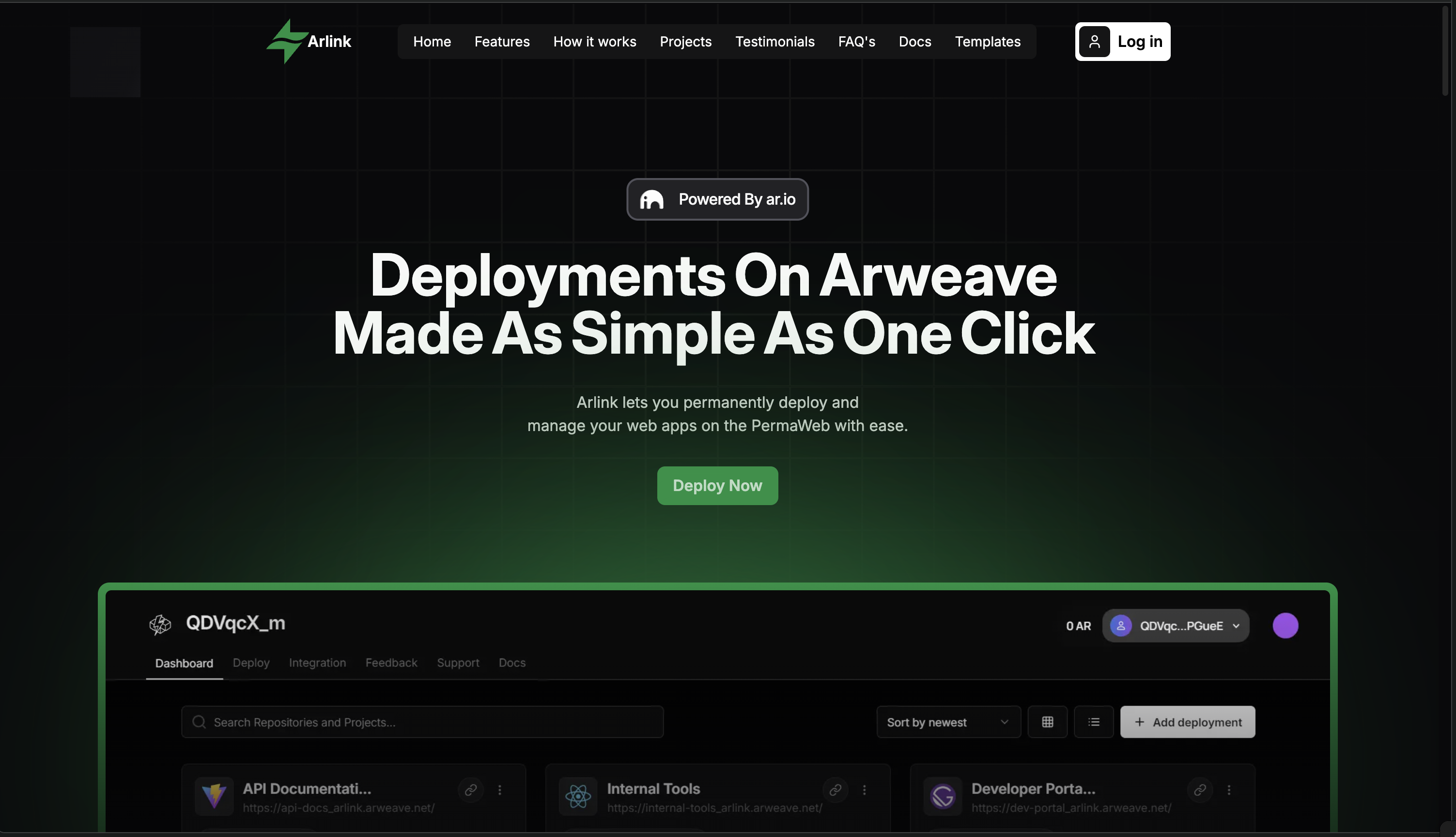 Arlink login page showing GitHub, Wander, and MetaMask authentication options