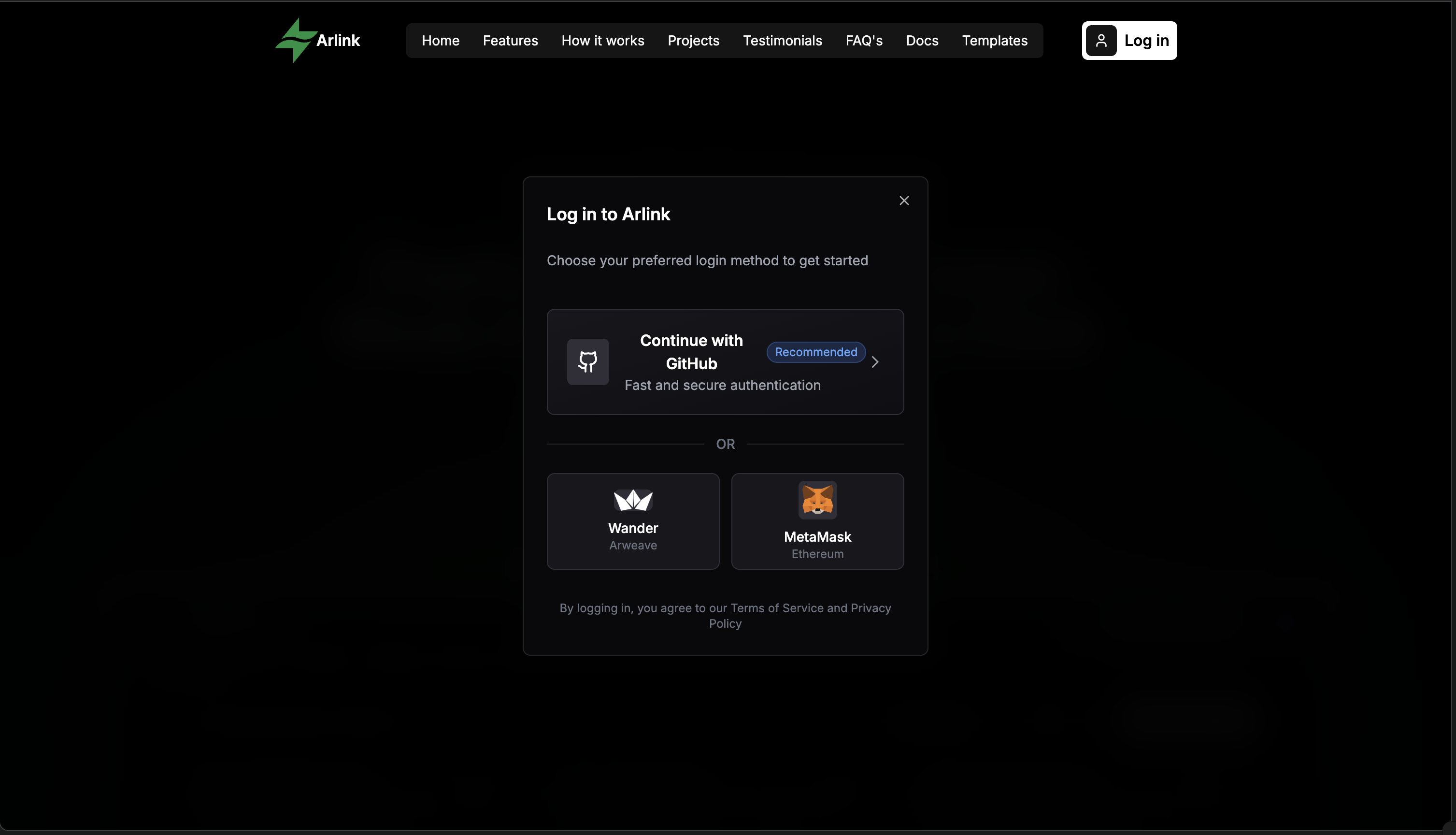 Arlink login page showing GitHub, Wander, and MetaMask authentication options